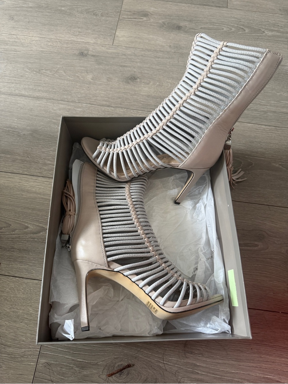 BCBGMaxAzria Beige Strappy Cage Stiletto Sandal